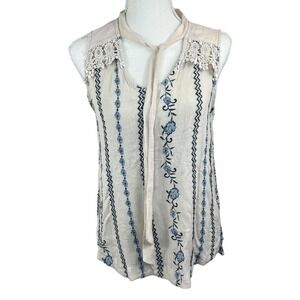 Target Knox Rose Sleeveless floral embroidered top blouse Size S Cream Blue